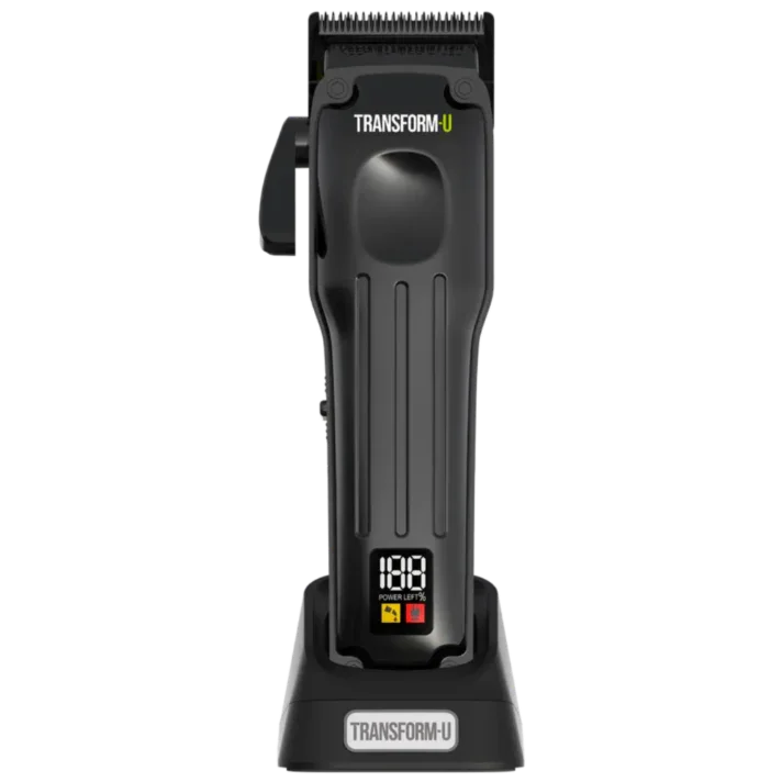 a black hair clipping on its charging stand against a transparent background