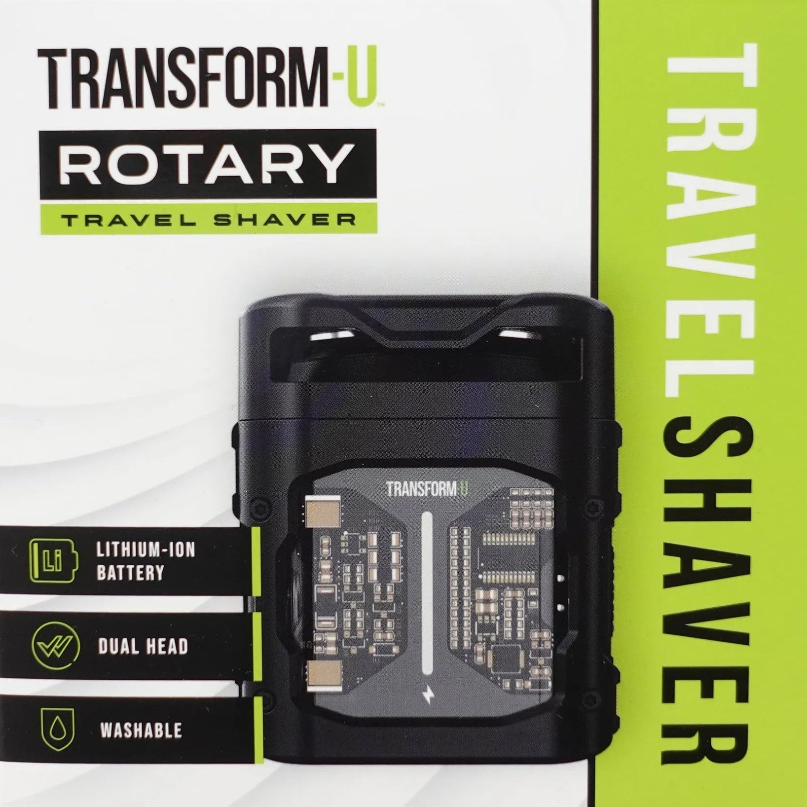 Transform-U rotary travel shaver packaging on a gray background