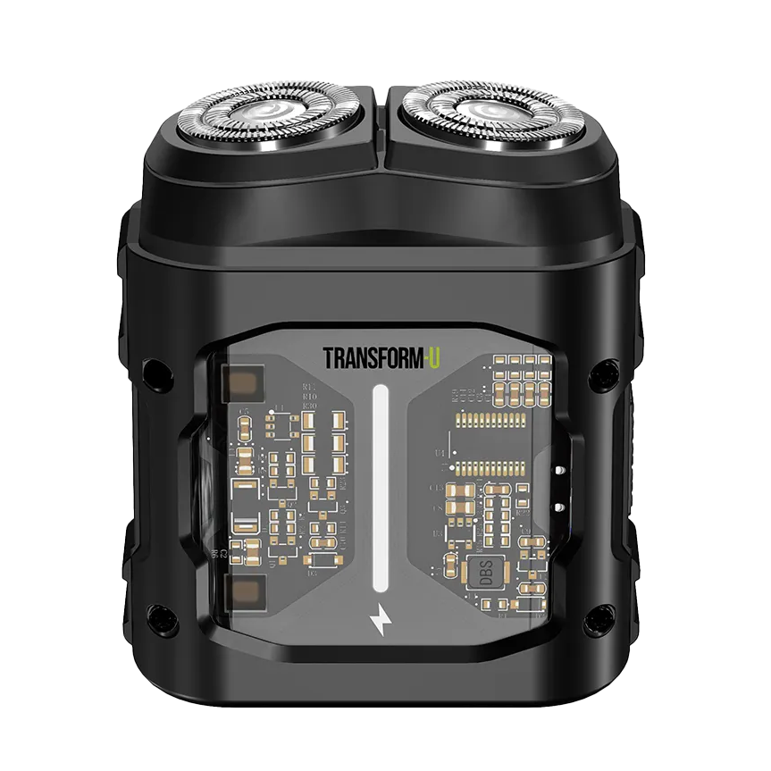 Black electric rotary travel shaver with visible branding on a transparent background