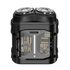 Black electric rotary travel shaver with visible branding on a transparent background