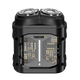 Black electric rotary travel shaver with visible branding on a transparent background