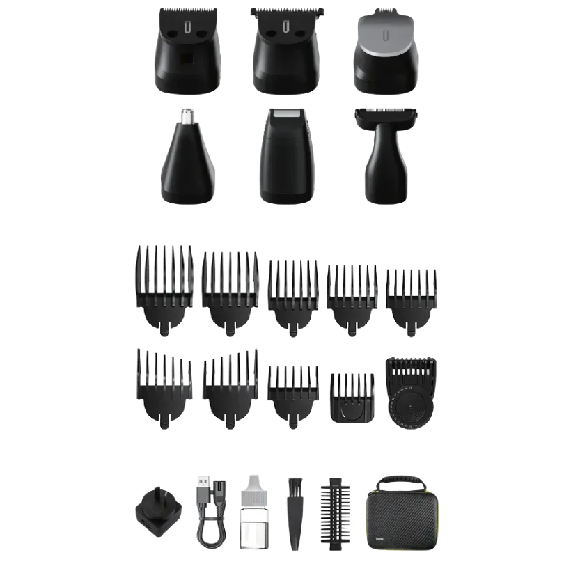 Set of black grooming tools including clippers and attachments on a transparent background