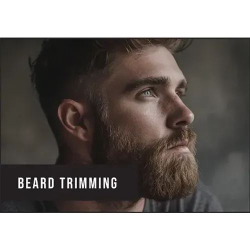 Man with a well-groomed beard looking to the side, with 'Beard Trimming' text overlay.
