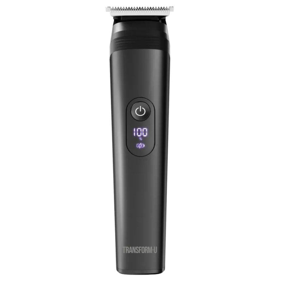 Black hair trimmer with digital display on a transparent background