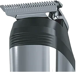 Close-up of a hair trimmer with black and silver design on a transparent background