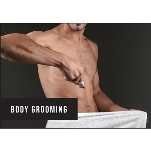 Man body grooming on a black background, with 'BODY GROOMING' text.