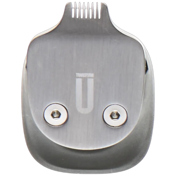 Gray hair trimmer head with brand logo on a transparent background