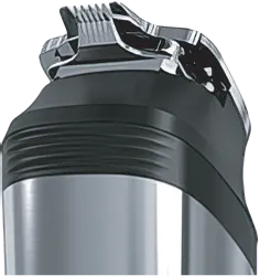 Close-up of a black and silver hair trimmer head