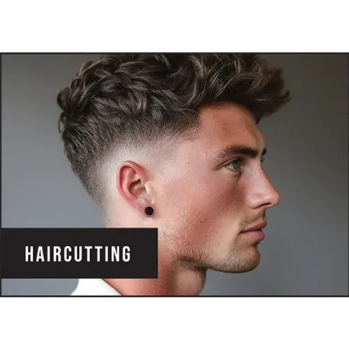 Man with styled haircut and 'HAIRCUTTING' text overlay on a gray background