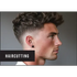 Man with styled haircut and 'HAIRCUTTING' text overlay on a gray background