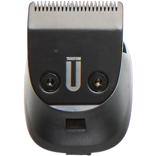 Black and silver hair trimmer head with 'Transform U' branding on a transparent background