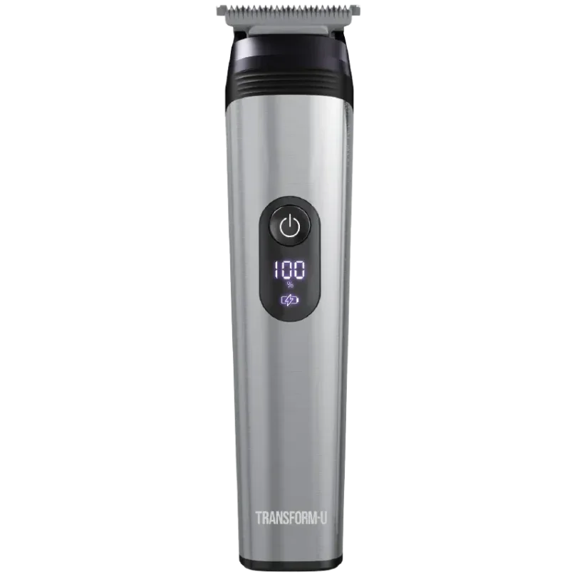 Silver and black hair trimmer with digital display on a transparent background