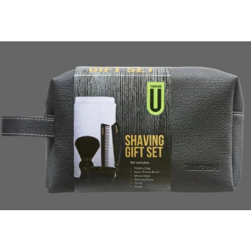 Shaving gift set in a black pouch on a transparent background