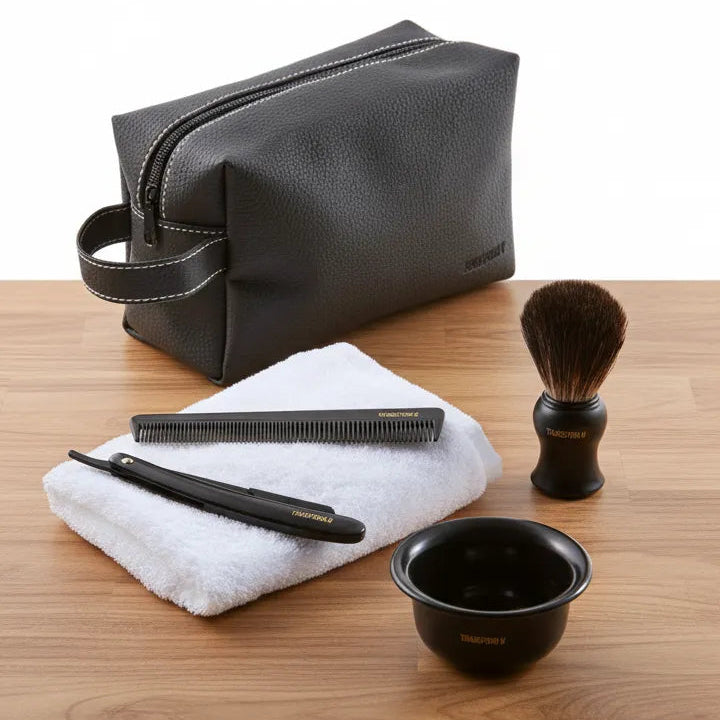 Set of grooming tools including a black leather pouch, comb, straight razor, towel, and shaving brush on a wooden surface.