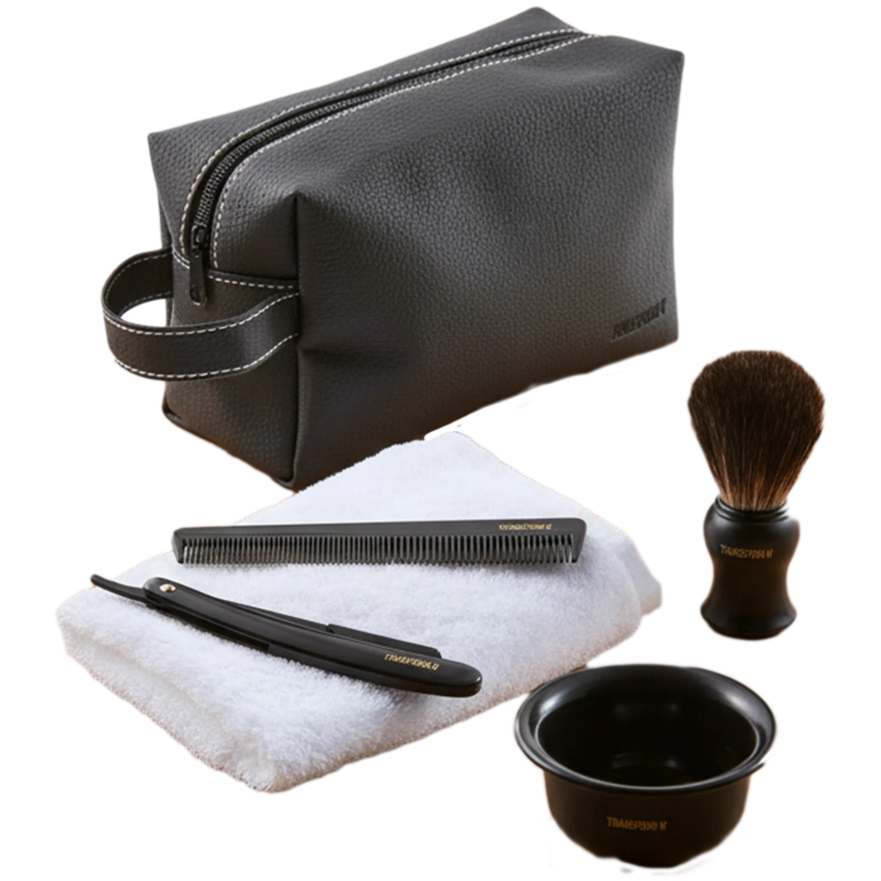 Set of grooming tools including a black leather pouch, comb, brush, towel, and bowl on a transparent background.