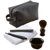 Set of grooming tools including a black leather pouch, comb, brush, towel, and bowl on a transparent background.