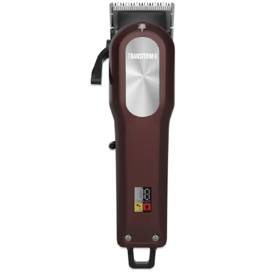 Hair clipper with brown handle and silver blade on a transparent background