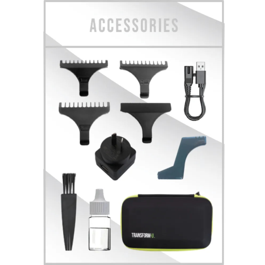 Set of accessories including a case, tools, and a cable on a white background with 'Transform-U' branding.