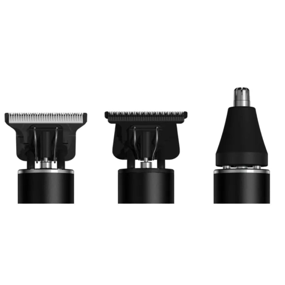 Set of three black hair trimming attachments on a white background