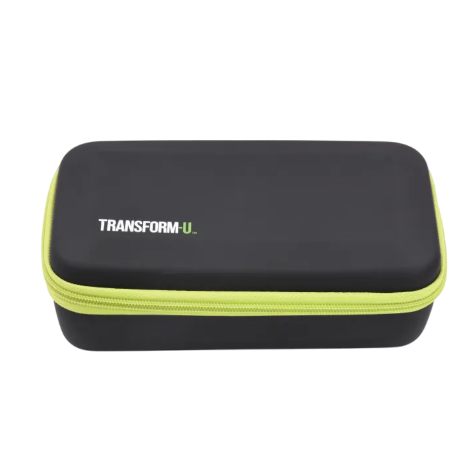 Black and green case with 'TRANSFORM-U' branding on a transparent background