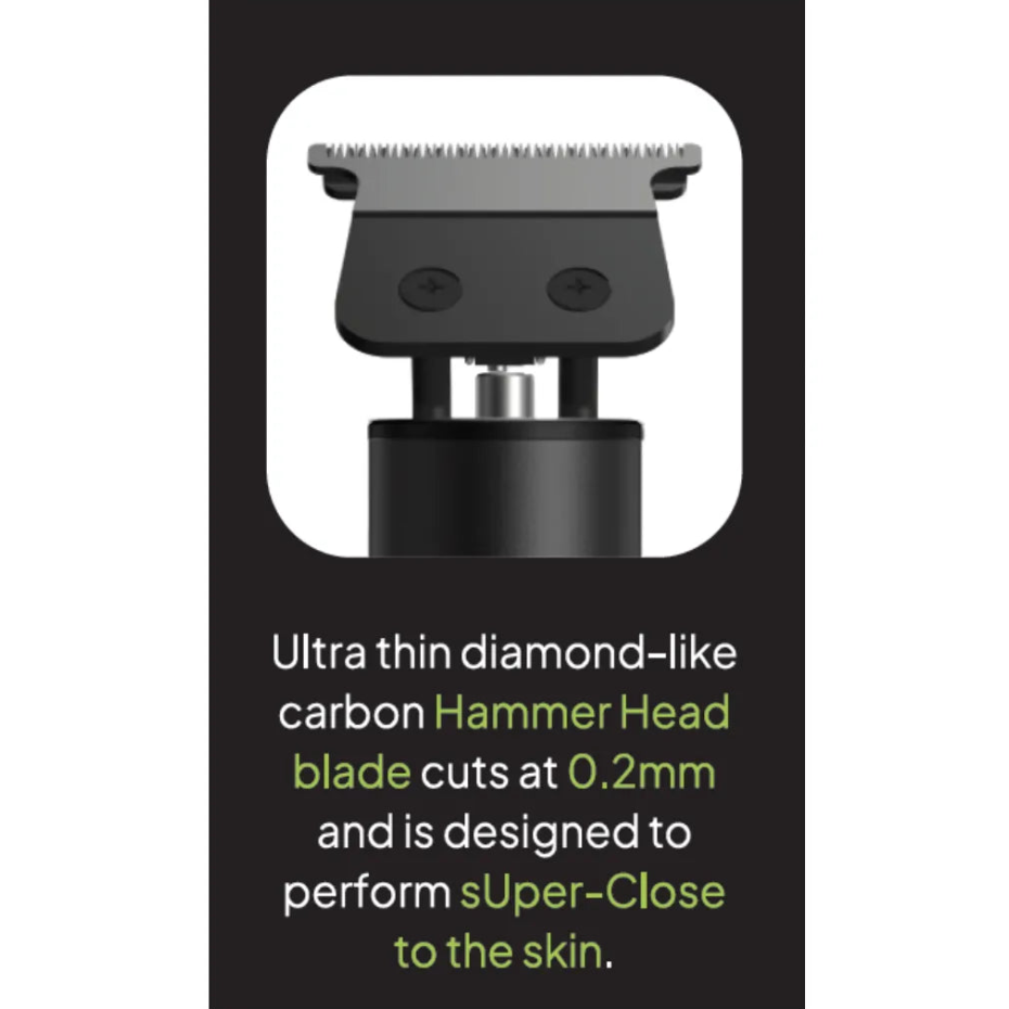 Hair trimmer with text describing its features on a black background