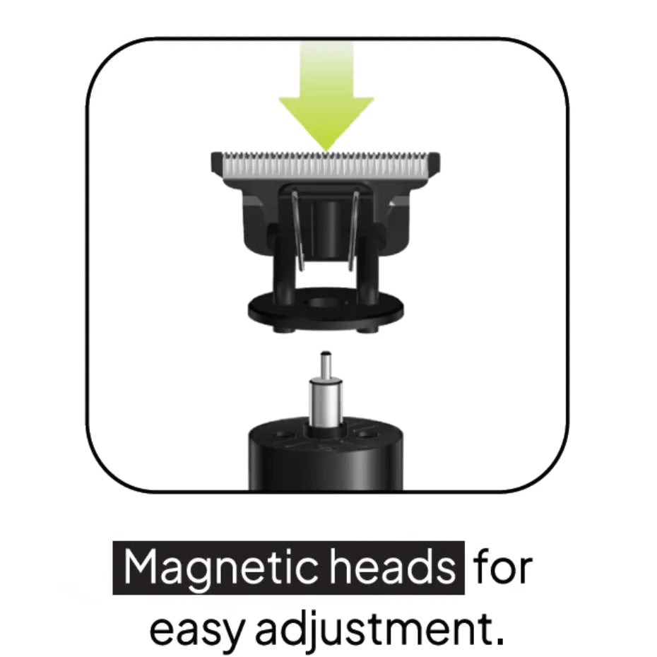 Illustration of a hair trimmer with magnetic heads for easy adjustment on a white background.