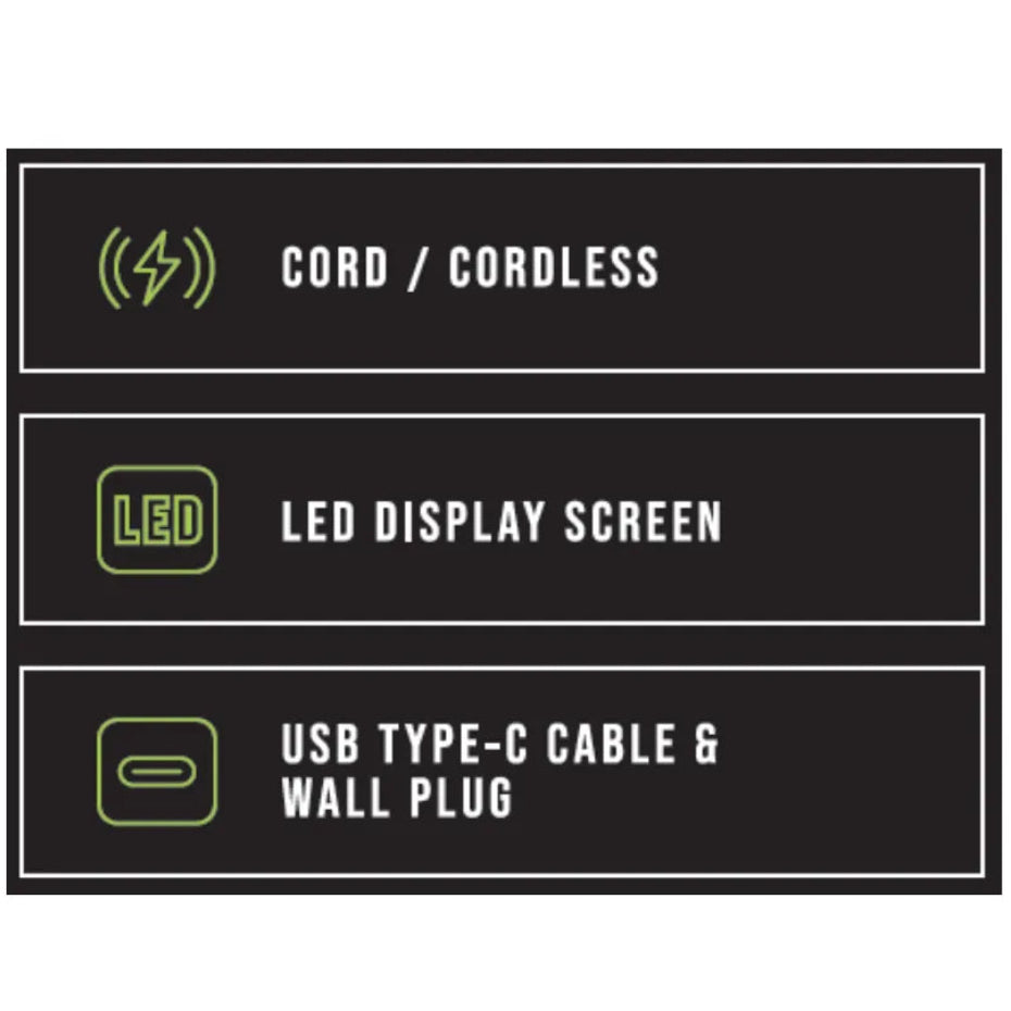 List of features on a black background with green icons and white text.