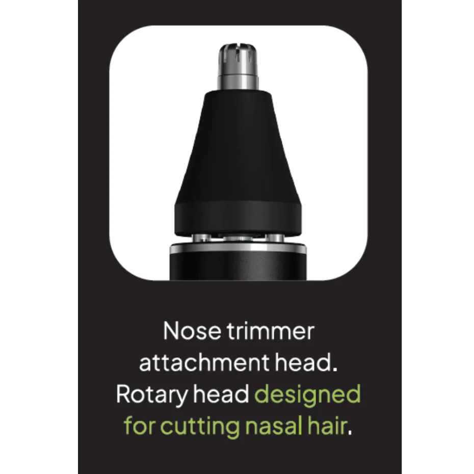 Nose trimmer attachment head with text on a black background