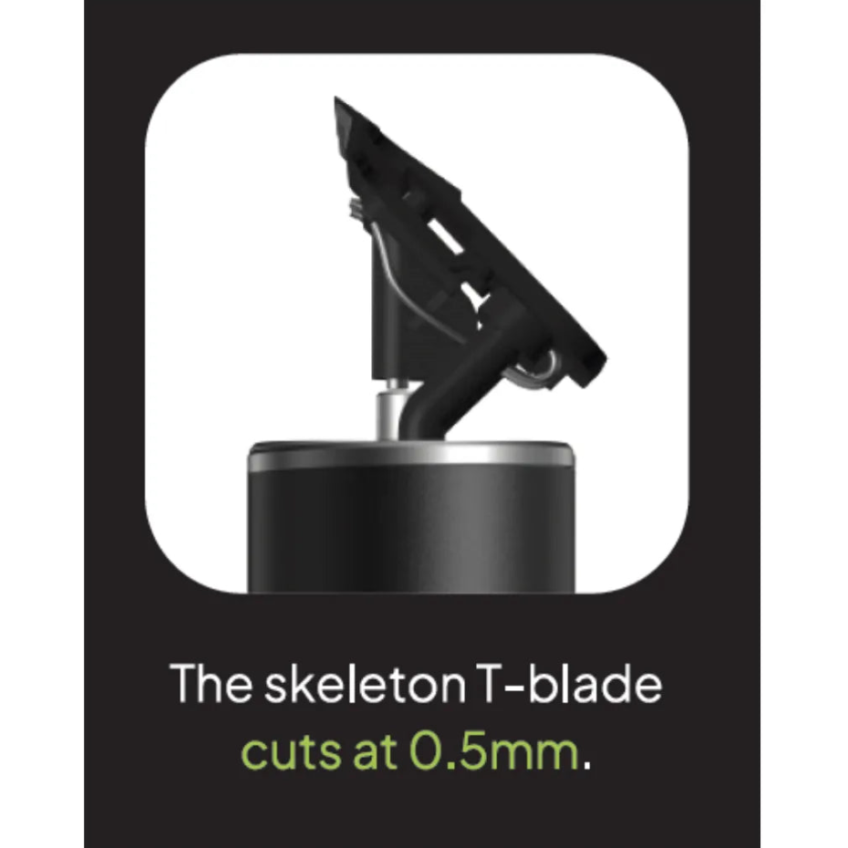 Black T-blade with text indicating cutting precision on a black background