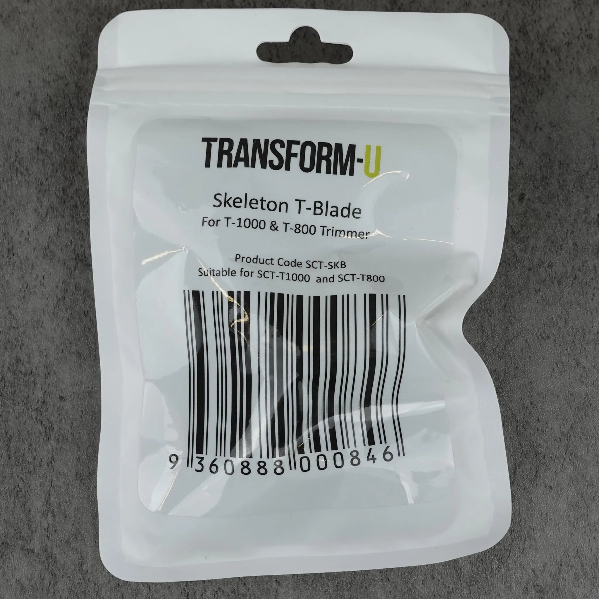 Package of Transform-U Skeleton T-Blade for T-1000 and T-800 trimmer on a gray background