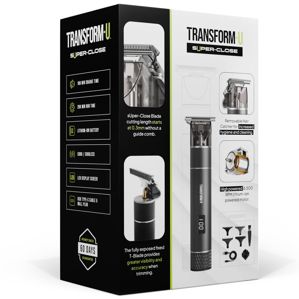 Transform U hair trimmer packaging with black and white design