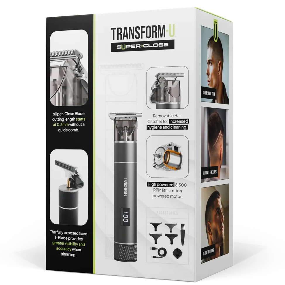 Package of a hair trimmer product with images and text on a transparent background