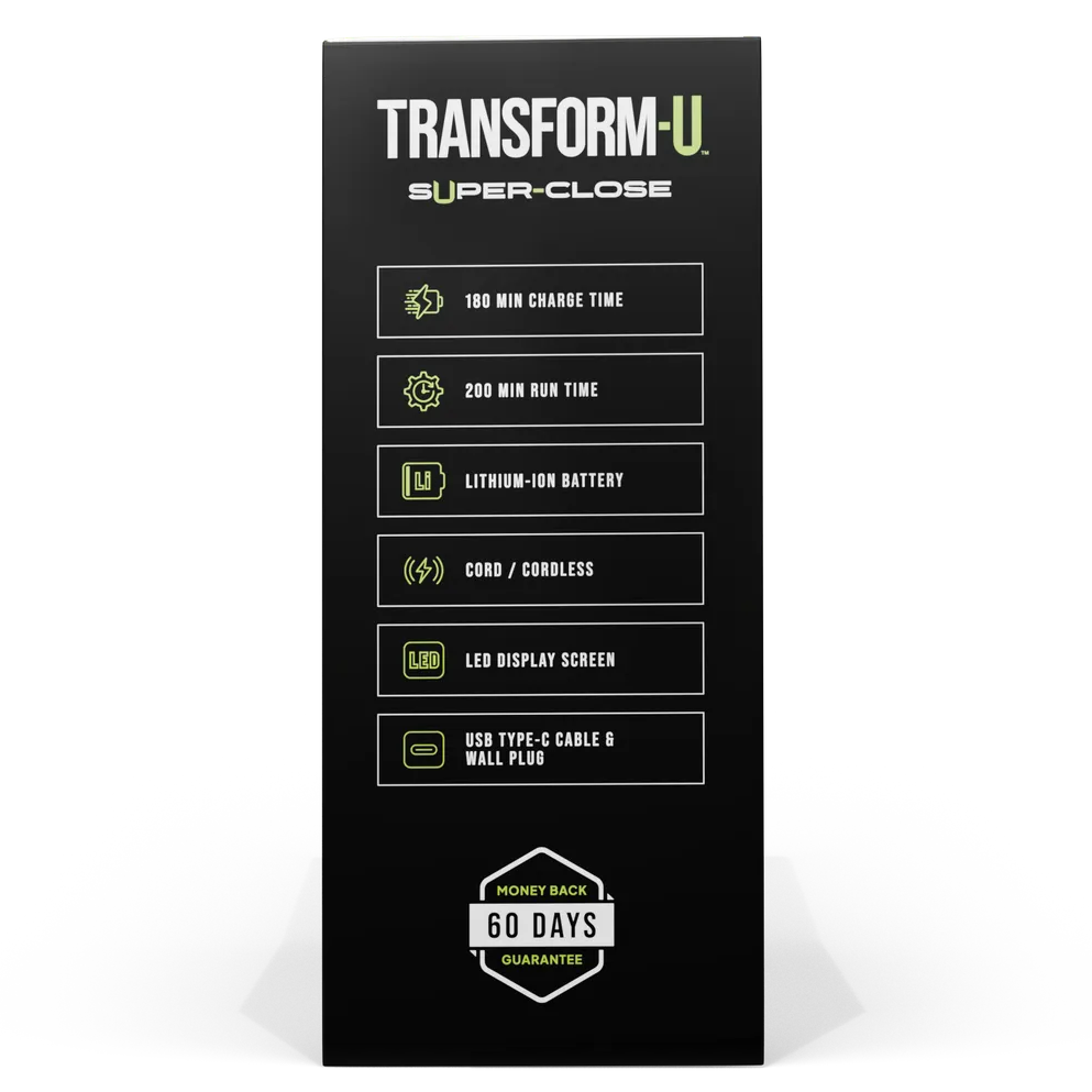 Black and white hair trimmer packaging with 'Transform-U' branding on a transparent background