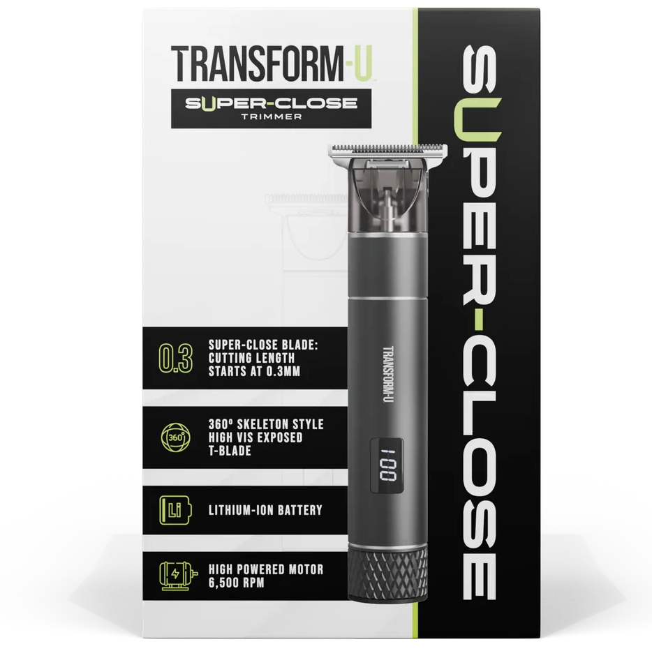 Hair trimmer with packaging labeled 'Super-Close' on a transparent  background
