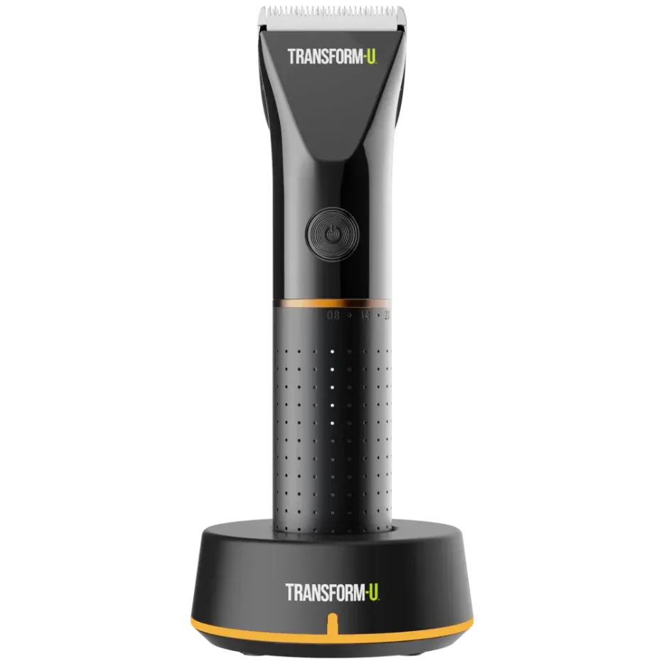a black hair clipper on a black stand with TRANSFORM-U logo against a transparent background