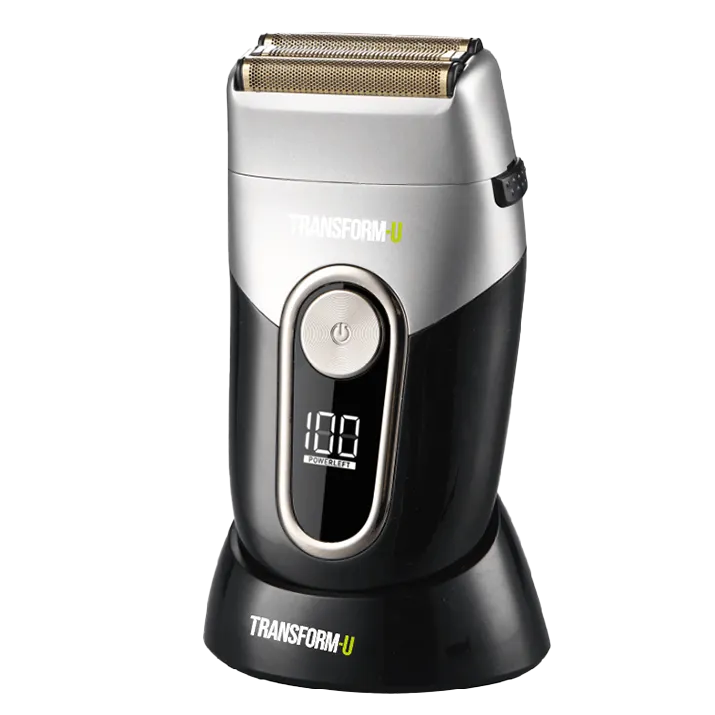 Electric shaver on its stand with digital display on a transparent background