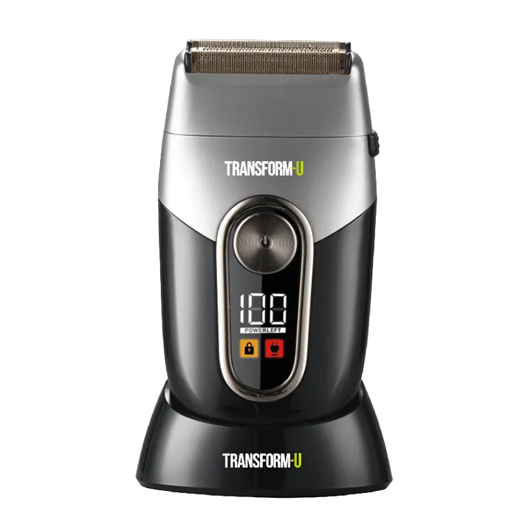 Electric shaver with digital display on a transparent background