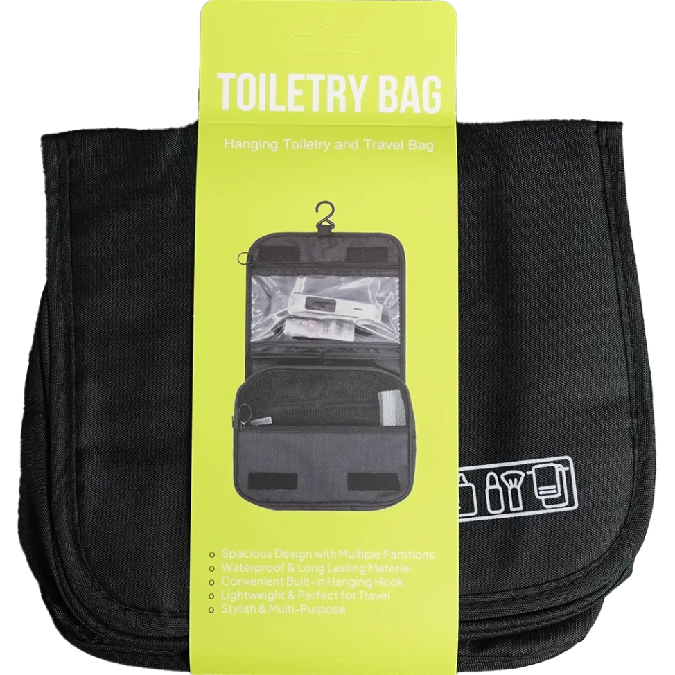 Black toiletry bag with hanging hook and green packaging on a transparent background