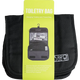 Black toiletry bag with hanging hook and green packaging on a transparent background
