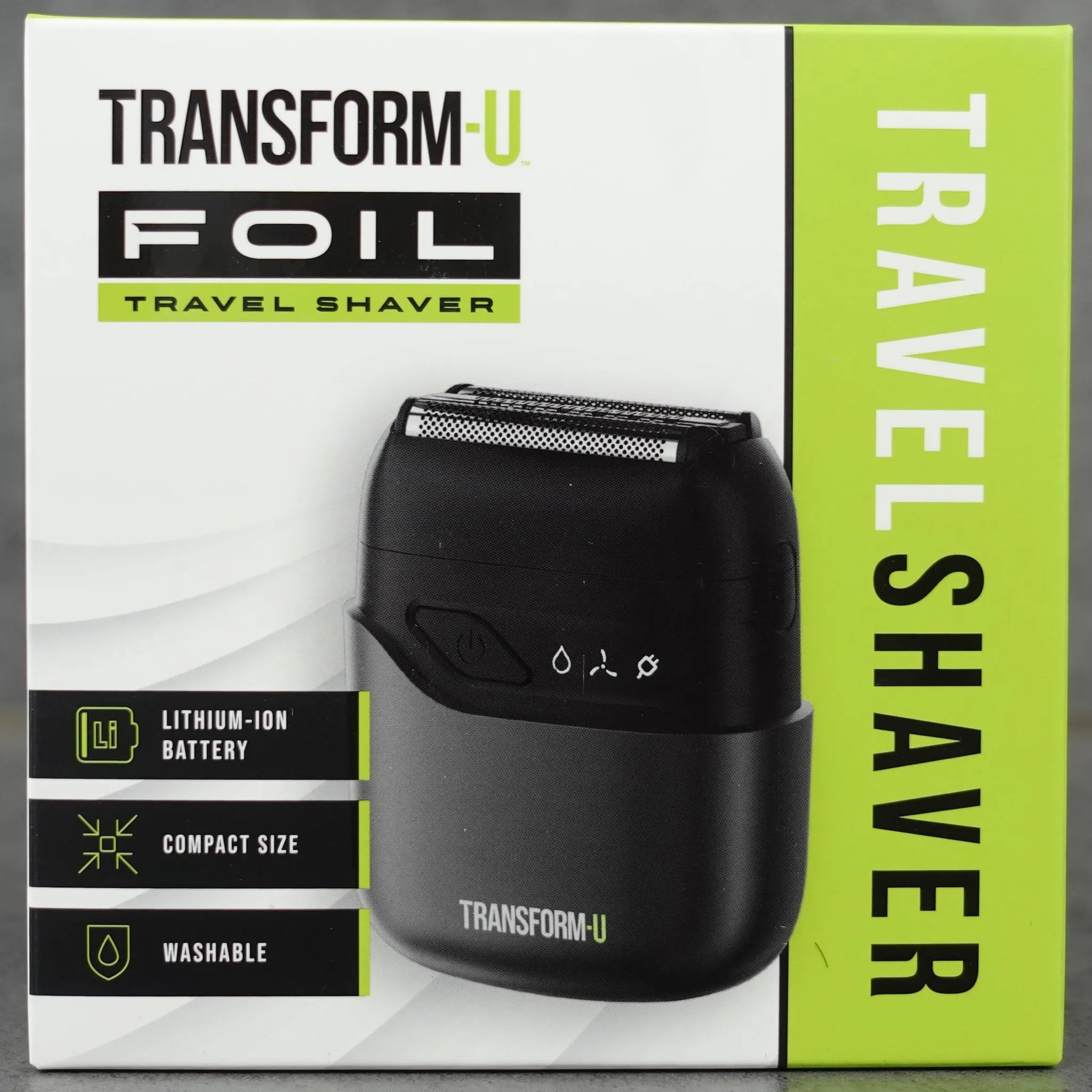 Transform-U Foil travel shaver packaging on a gray background