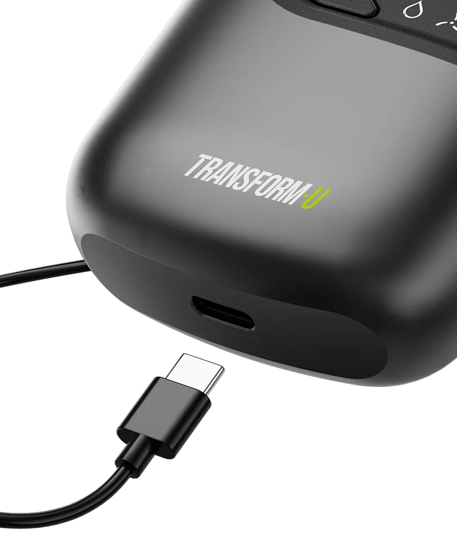 Black electric shaver with USB-C cable on a white background, featuring 'Transform U' branding.