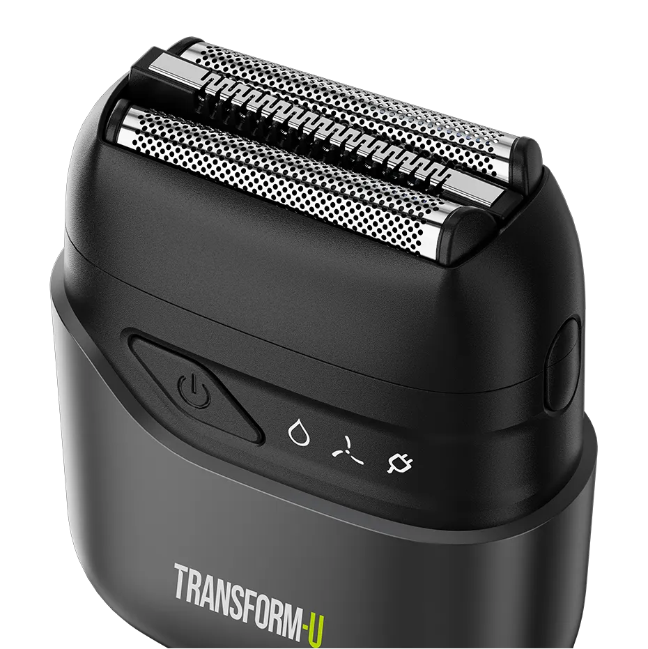 Black electric shaver with visible brand 'Transform-U' on a transparent background