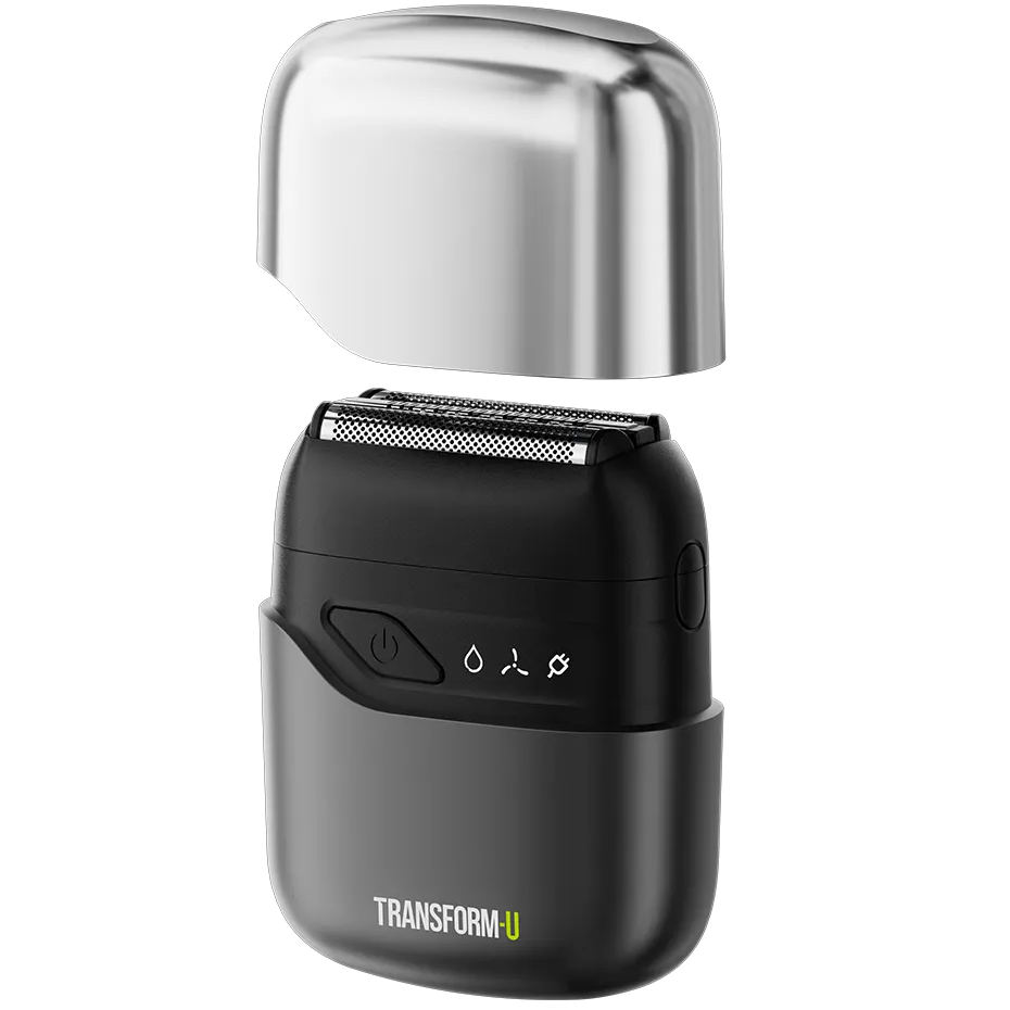 Black electric shaver with a silver top on a transparent background