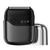 Black electric shaver with a metallic protective cover on a transparent background
