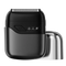 Black electric shaver with a metallic protective cover on a transparent background