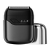 Black electric shaver with a metallic protective cover on a transparent background