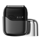 Black electric shaver with a metallic protective cover on a transparent background