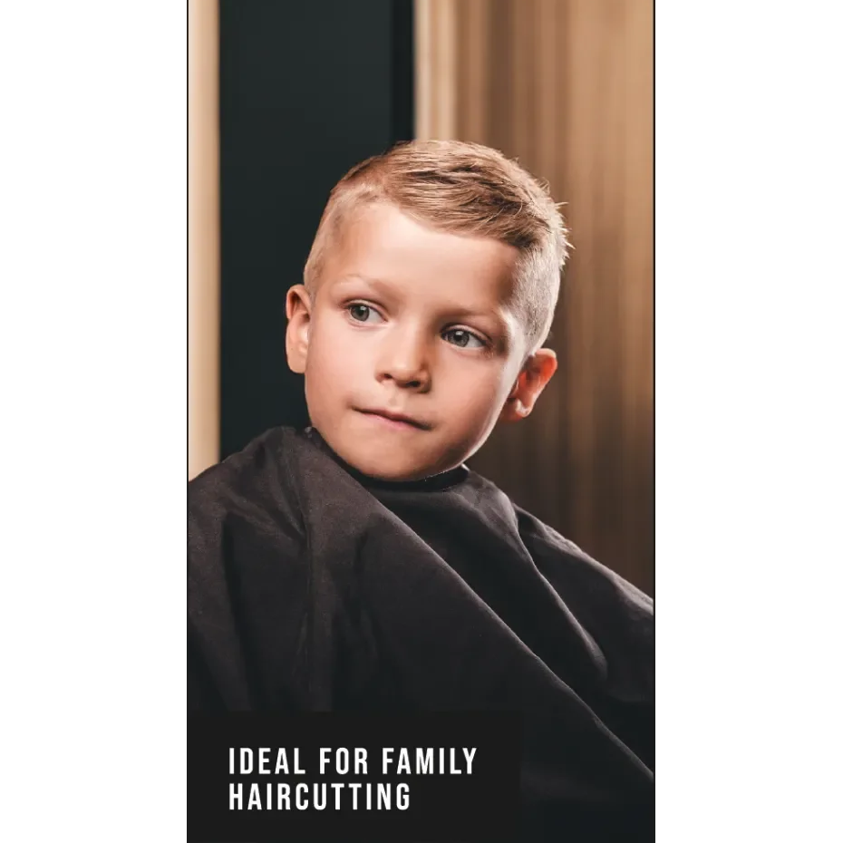 Young boy with a styled haircut sitting in a barber's chair, with text 'IDEAL FOR FAMILY HAIRCUTTING'.