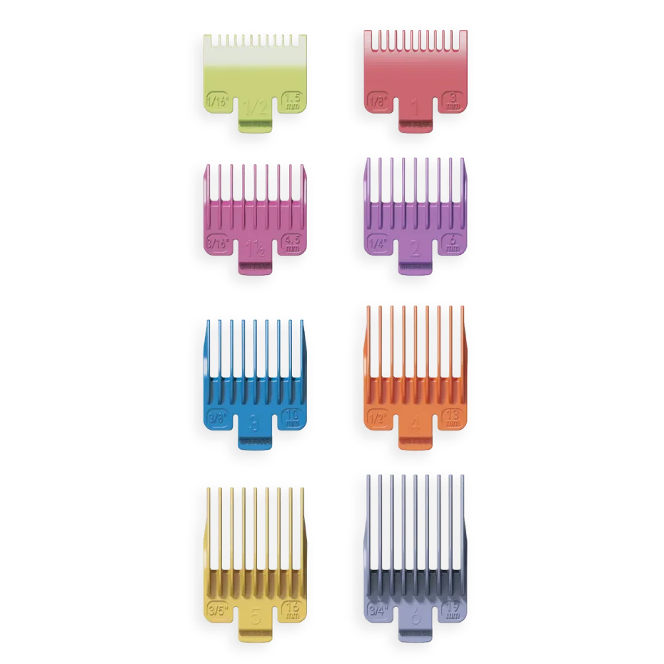 Set of colorful guide comb attachments on a transparent background