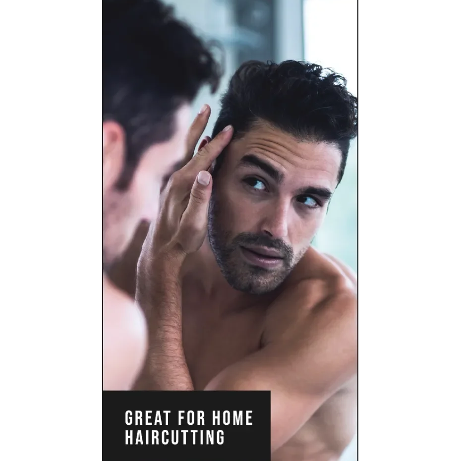 Man examining his hair in a mirror with text 'Great for Home Haircutting'.